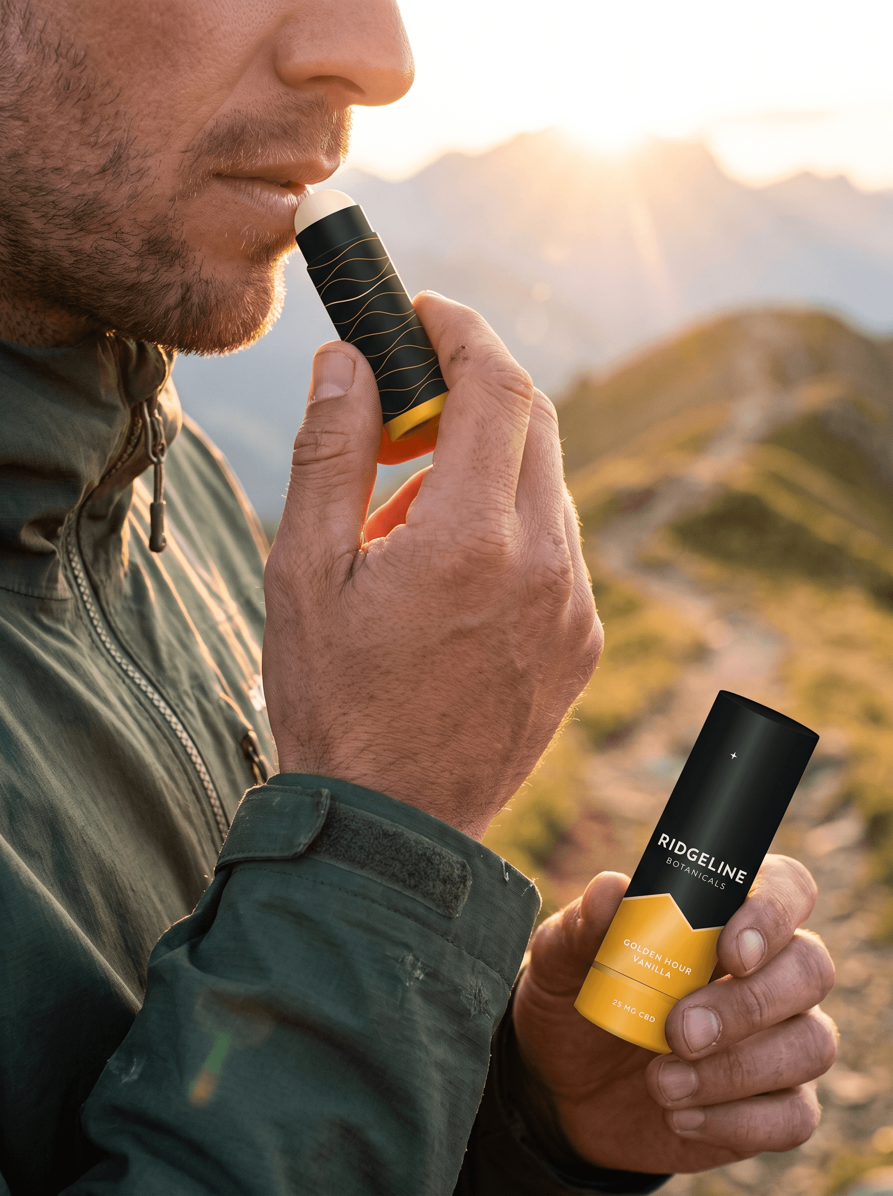 Golden Hour Vanilla balm held up on a golden-hour trail