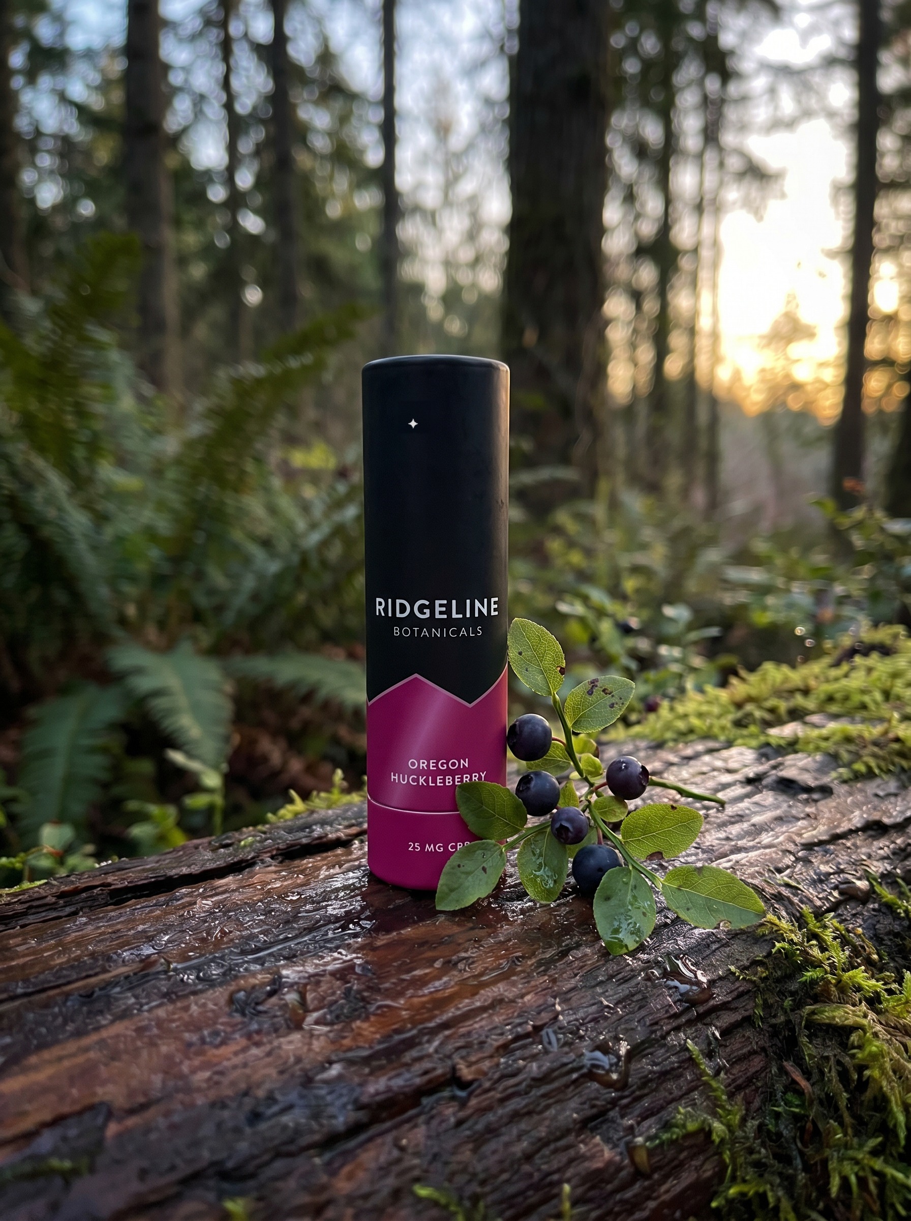 Oregon Huckleberry tube on a mossy log with wild berries, forest sunset behind