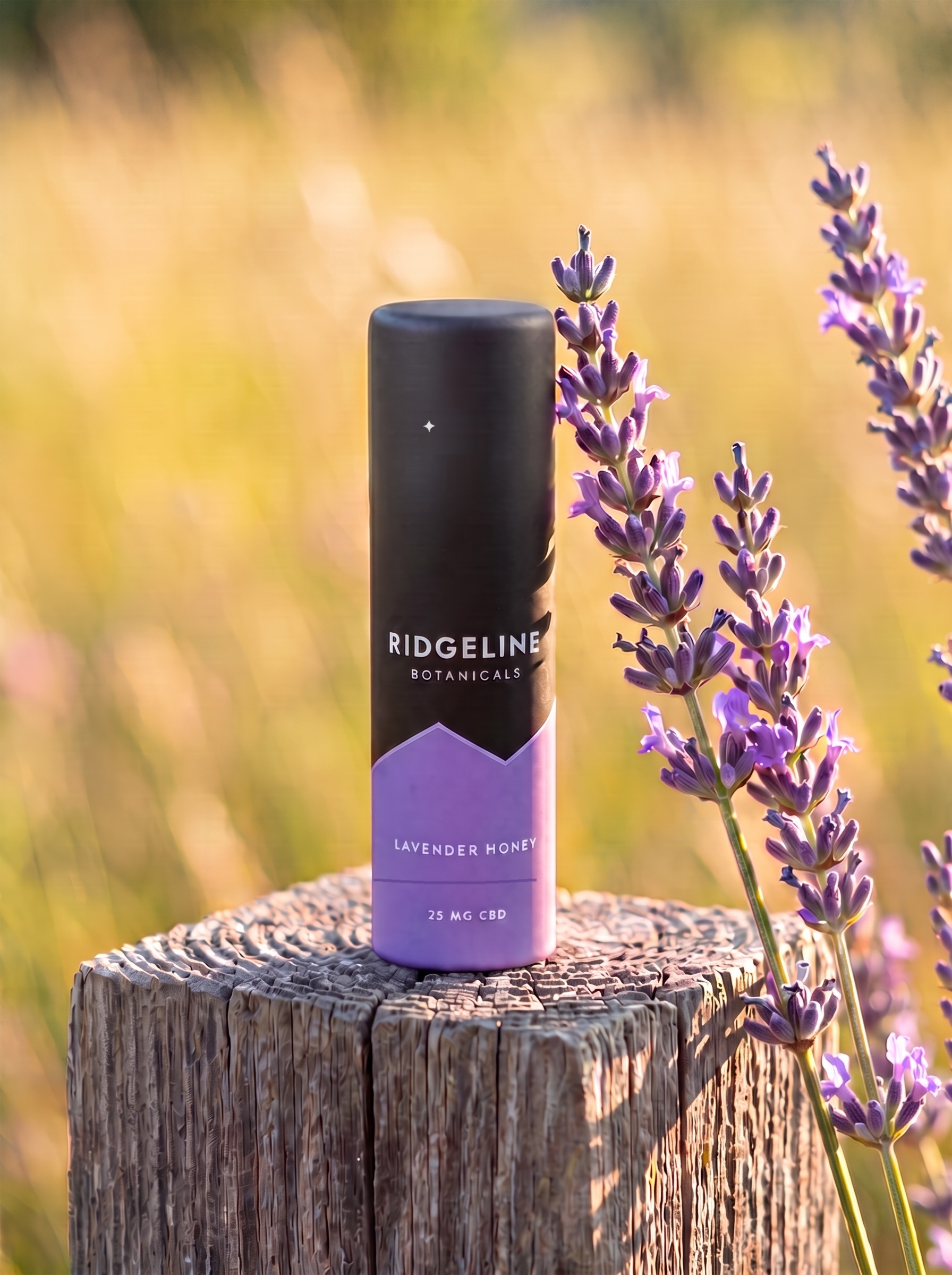 Lavender Honey tube on a weathered fence post among lavender stems