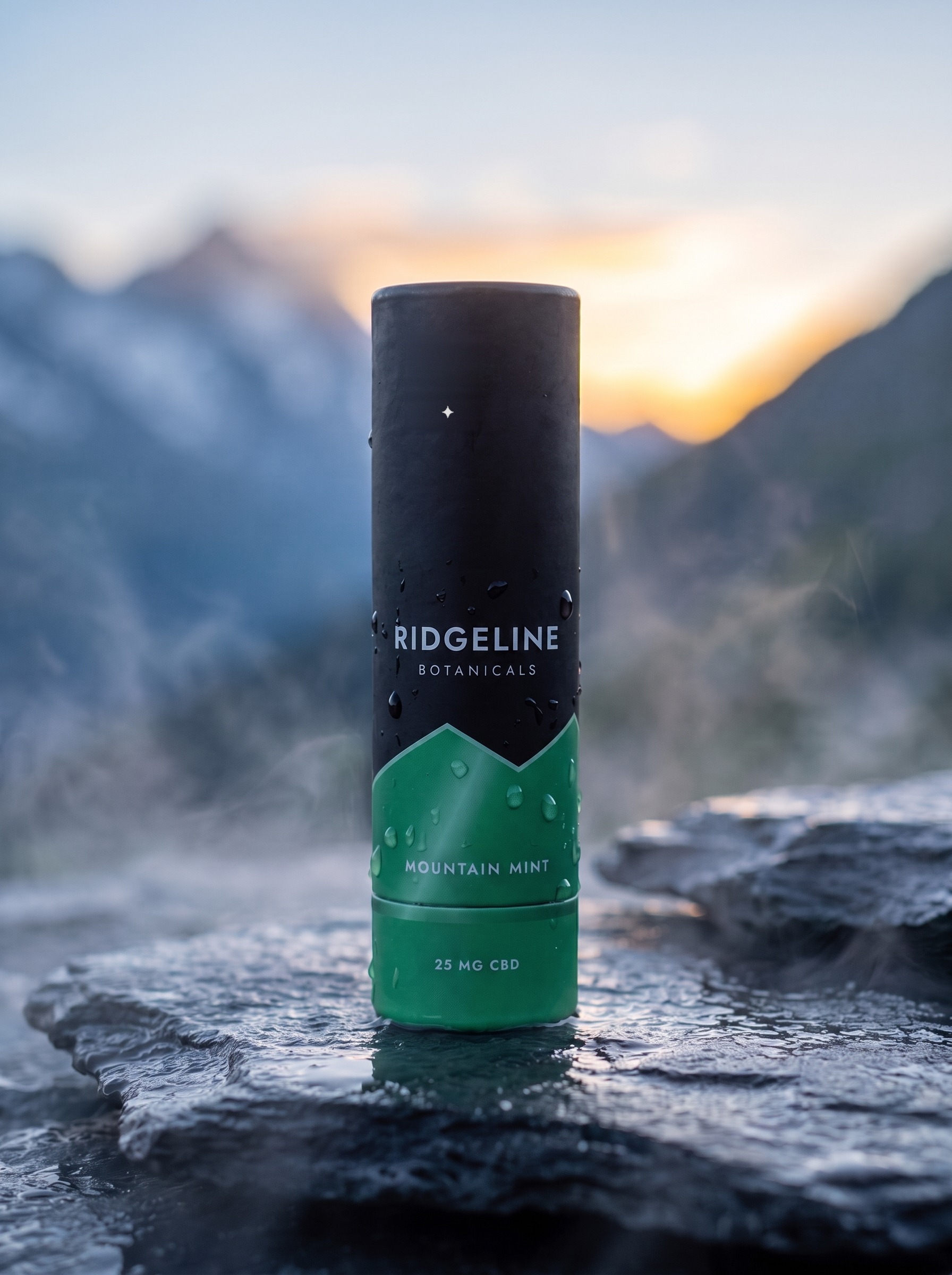 Mountain Mint tube at first light on wet rock, mountains behind