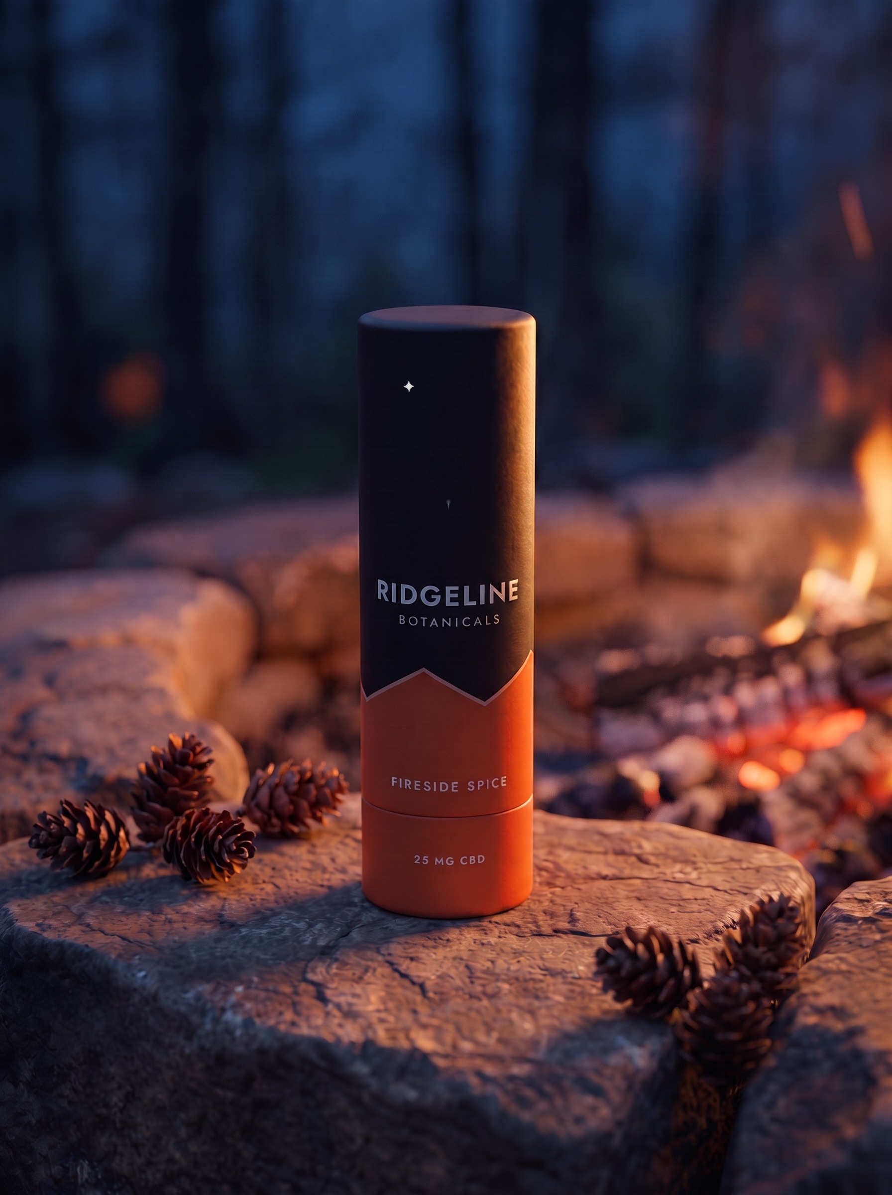 Fireside Spice tube on a stone hearth with pinecones and embers behind