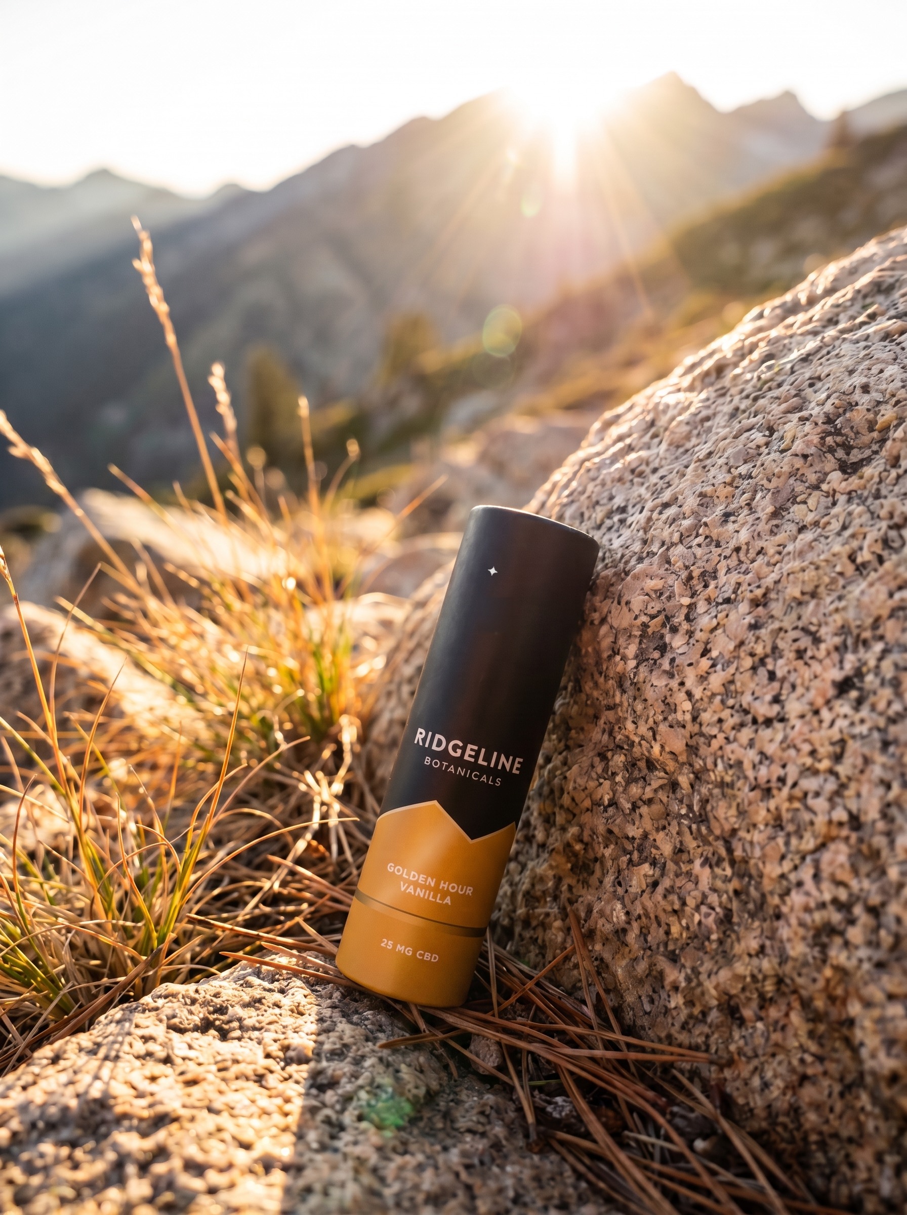 Golden Hour Vanilla tube resting against a sunlit boulder at golden hour